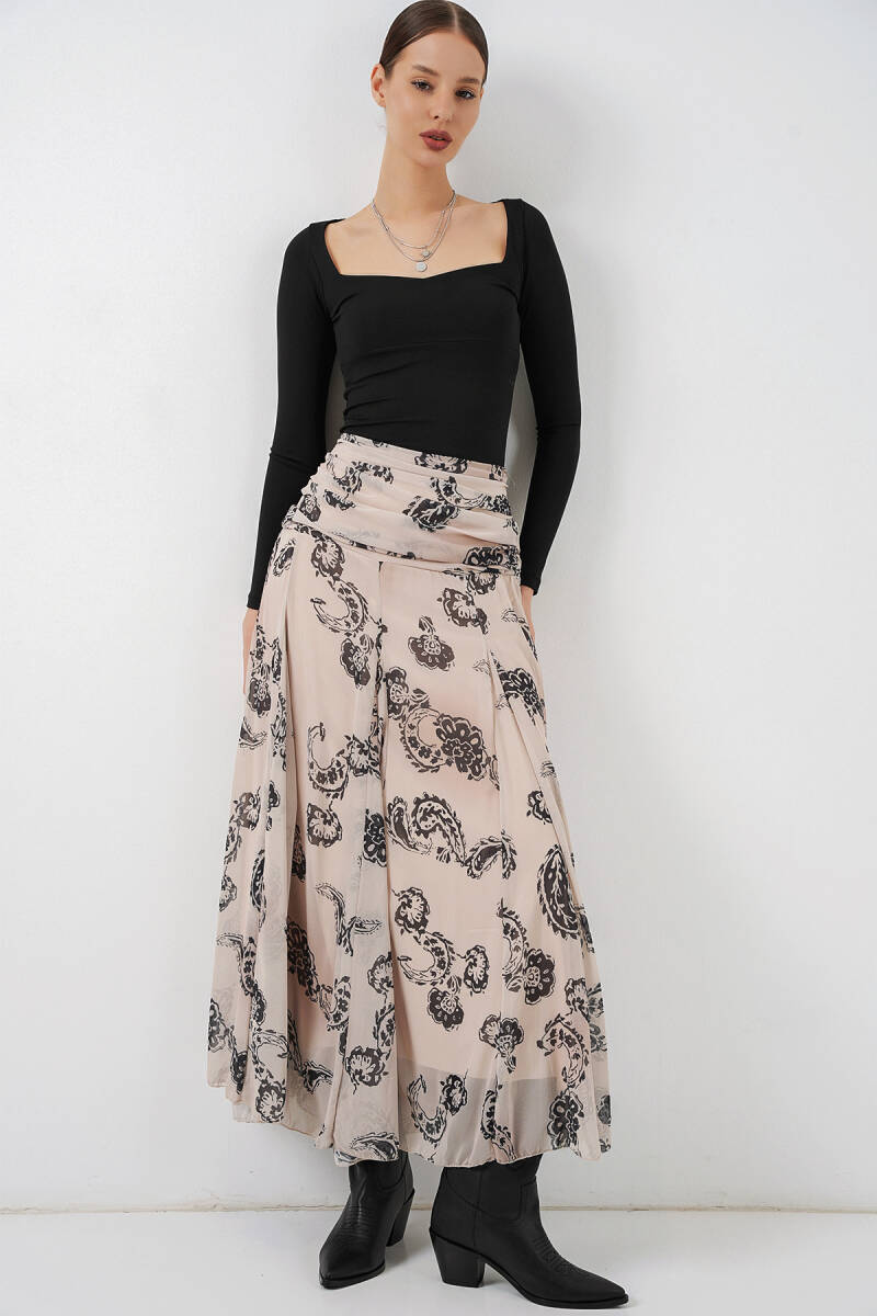 Kadın Desenli Şifon Etek 8057 - Krem - BİGDART