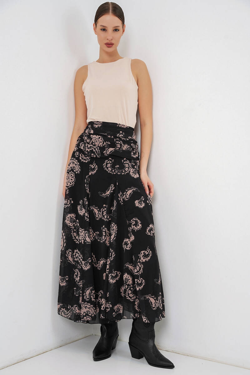 Kadın Desenli Şifon Etek 8057 - Siyah - BİGDART