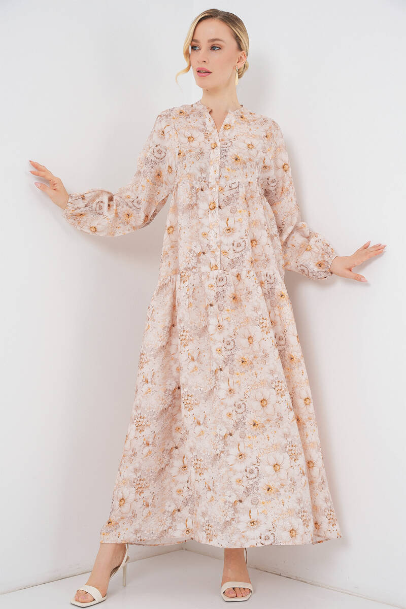 Kadın Desenli Tesettür Elbise 2583 - Bej - BİGDART