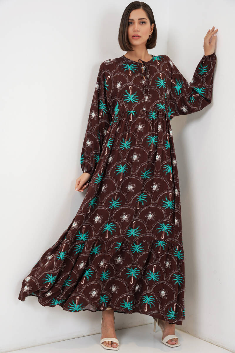 Kadın Desenli Tesettür Elbise 2594 - Kahverengi - BİGDART