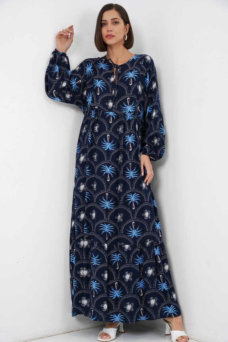 Kadın Desenli Tesettür Elbise 2594 - Lacivert - BİGDART
