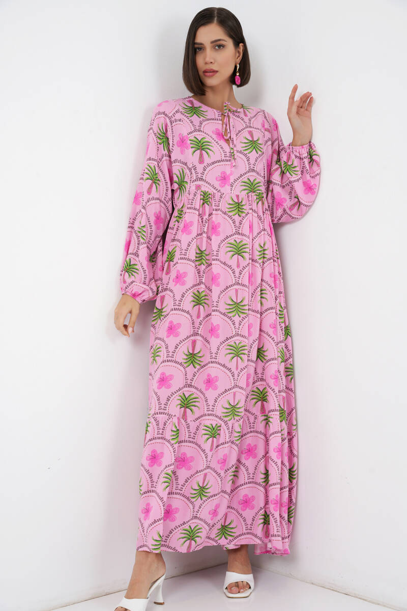 Kadın Desenli Tesettür Elbise 2594 - Pembe - BİGDART