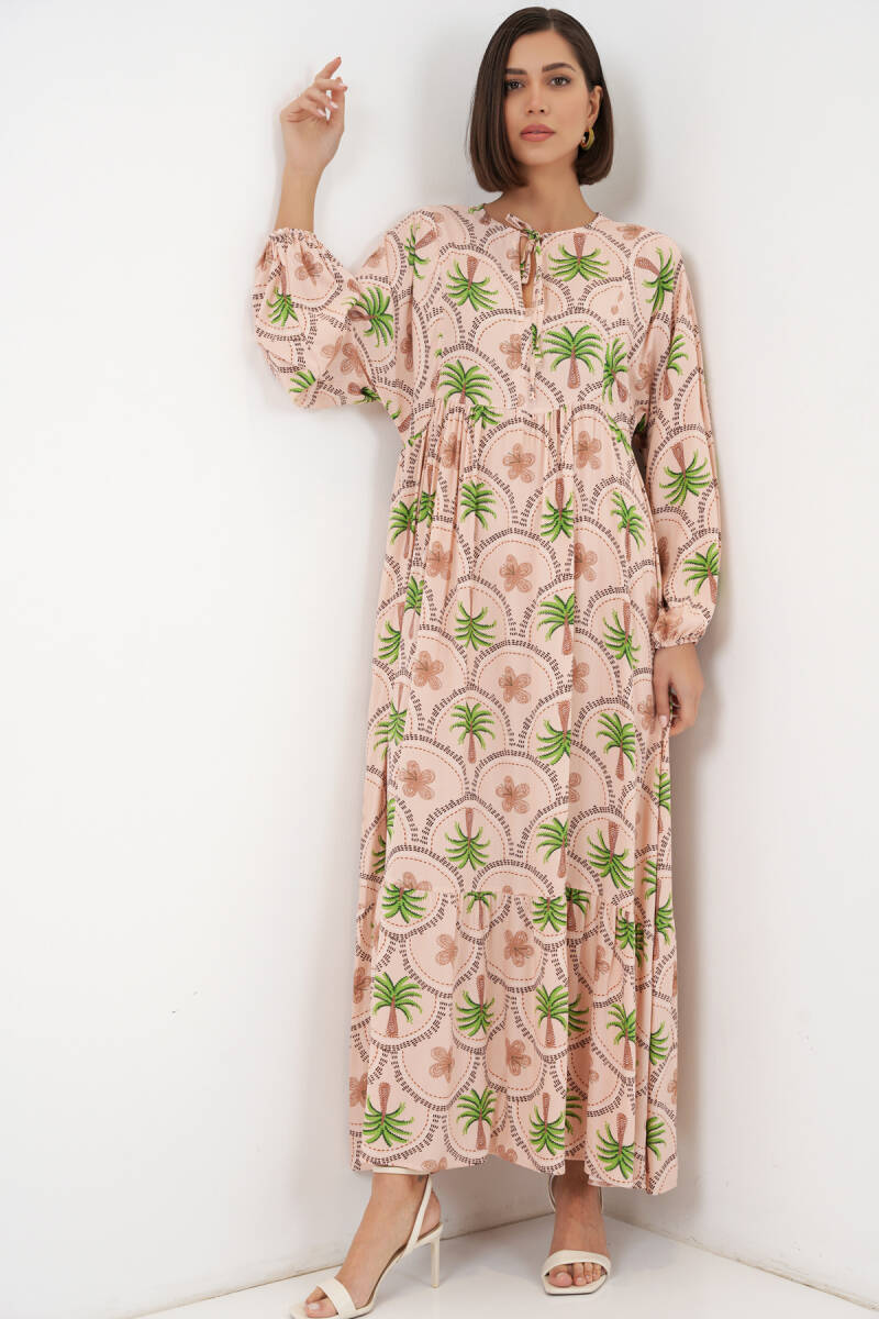 Kadın Desenli Tesettür Elbise 2594 - Pudra - BİGDART