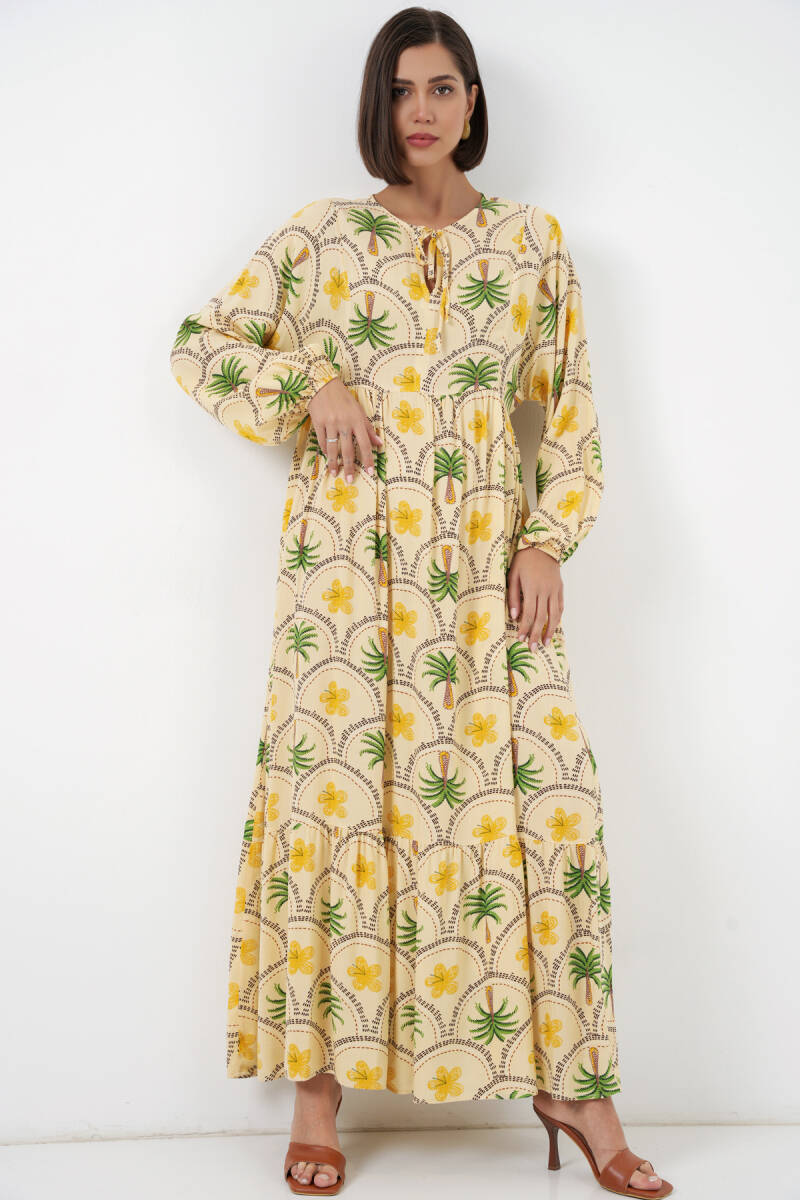 Kadın Desenli Tesettür Elbise 2594 - Sarı - BİGDART