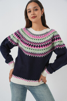 Kadın Desenli Triko Kazak 15932 - Lacivert 