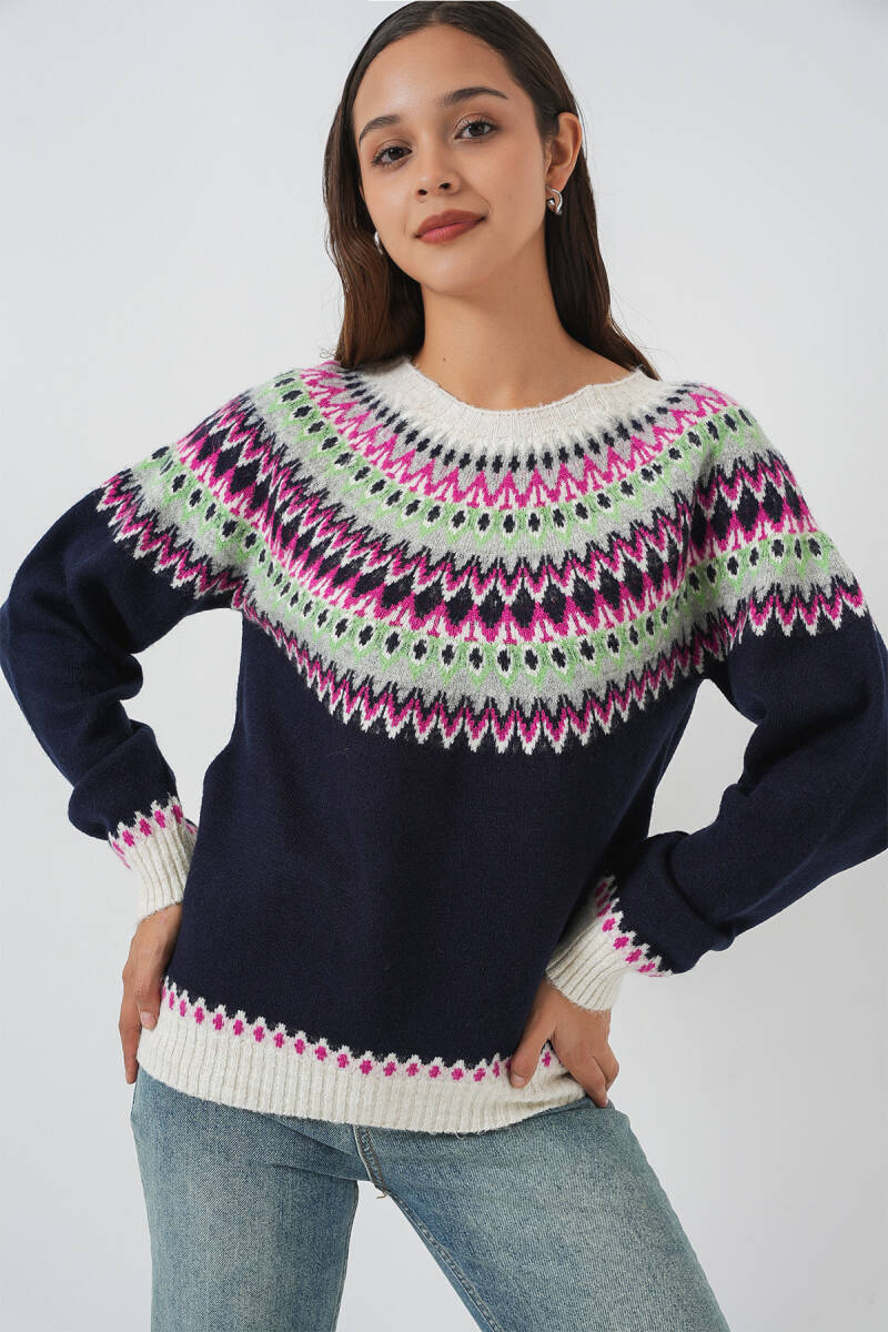 Kadın Desenli Triko Kazak 15932 - Lacivert - BİGDART