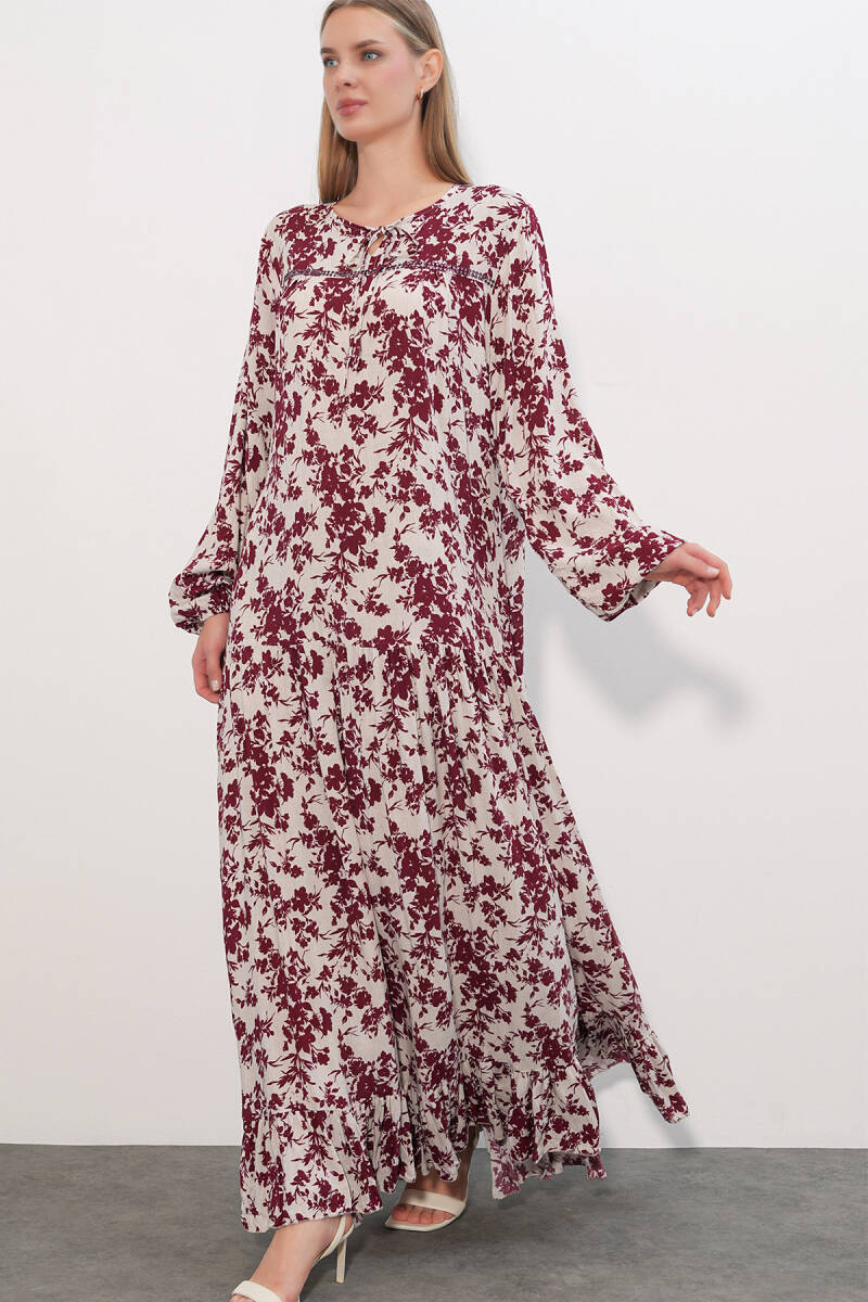 Kadın Desenli Uzun Elbise 2596 - Bordo - BİGDART