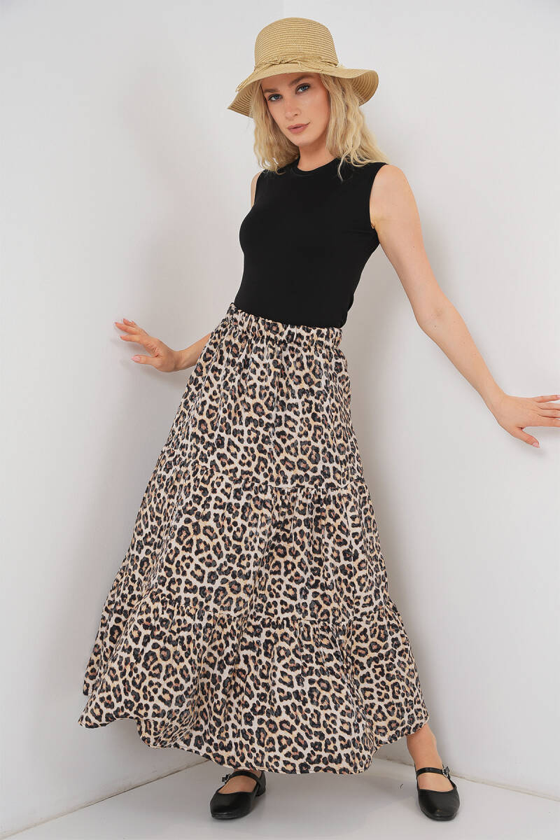 Kadın Desenli Uzun Etek 8053 - C. Kahverengi - BİGDART