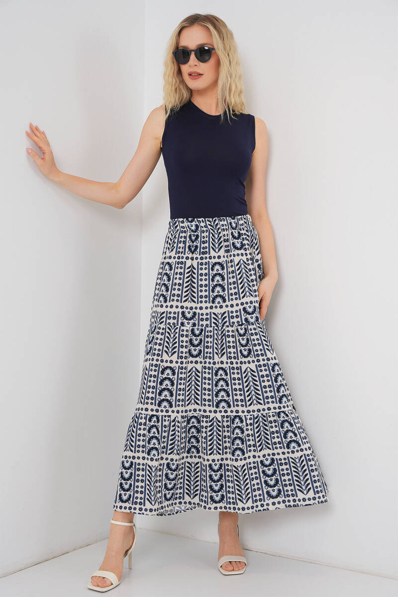 Kadın Desenli Uzun Etek 8053 - Krem - BİGDART