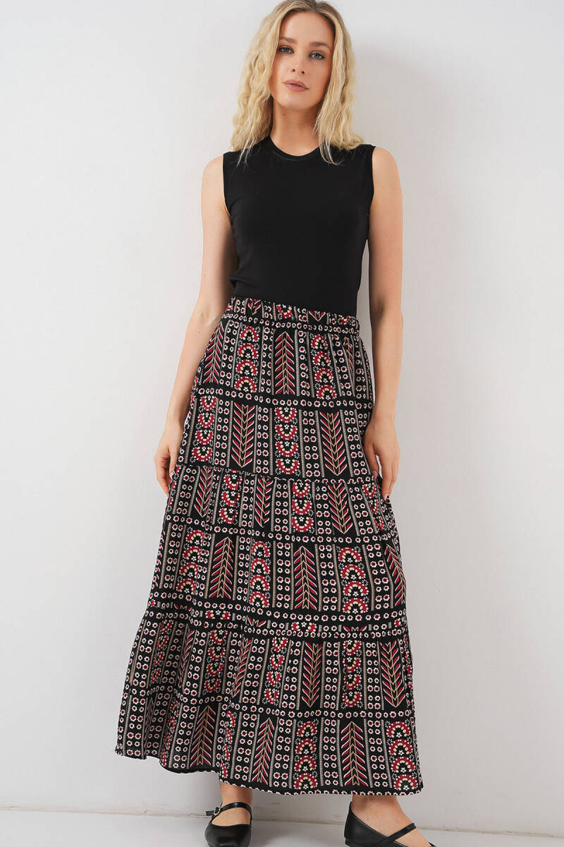 Kadın Desenli Uzun Etek 8053 - Siyah - BİGDART
