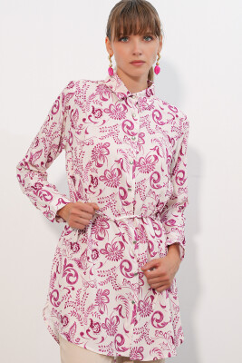 Kadın Desenli Uzun Gömlek Tunik 5997 - Pembe - 3