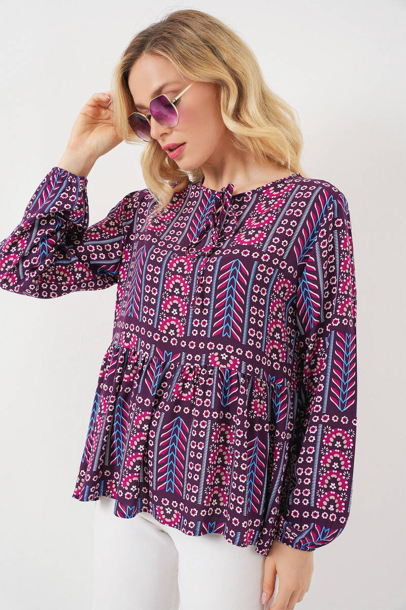 Kadın Desenli Uzun Kol Bluz 970 - Bordo - BİGDART