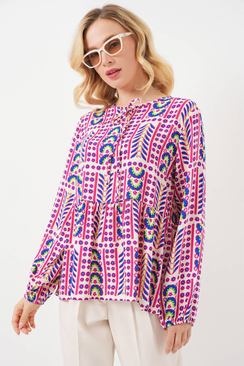 Kadın Desenli Uzun Kol Bluz 970 - Fuşya - BİGDART
