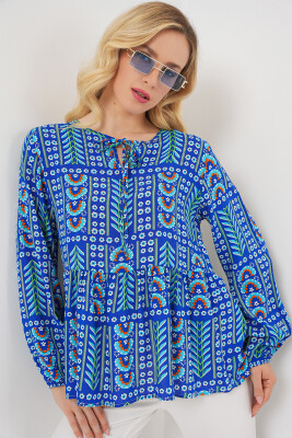 Kadın Desenli Uzun Kol Bluz 970 - Saks 