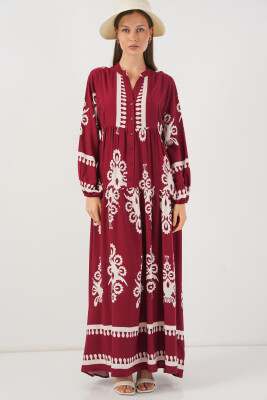 Kadın Desenli Uzun Tesettür Elbise 2585 - A.Bordo 