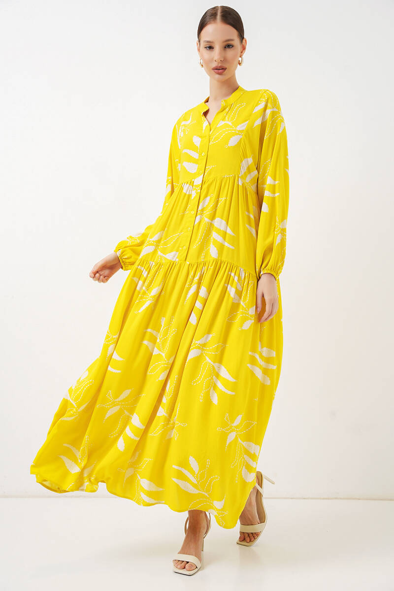 Kadın Desenli Uzun Tesettür Elbise 2585 - A.Sarı - BİGDART