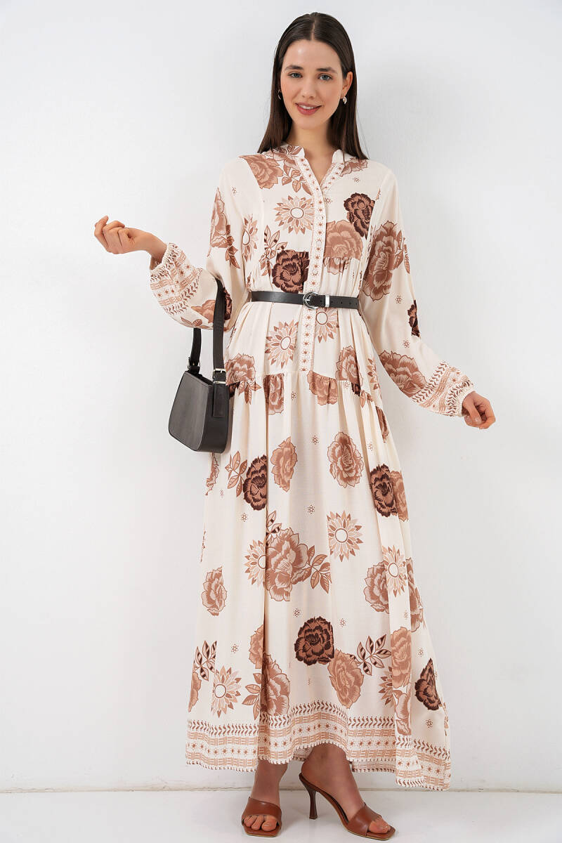 Kadın Desenli Uzun Tesettür Elbise 2585 - A.Bej - BİGDART