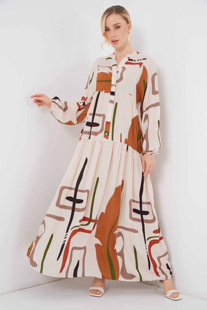 Kadın Desenli Uzun Tesettür Elbise 2585 - A.KREM - BİGDART