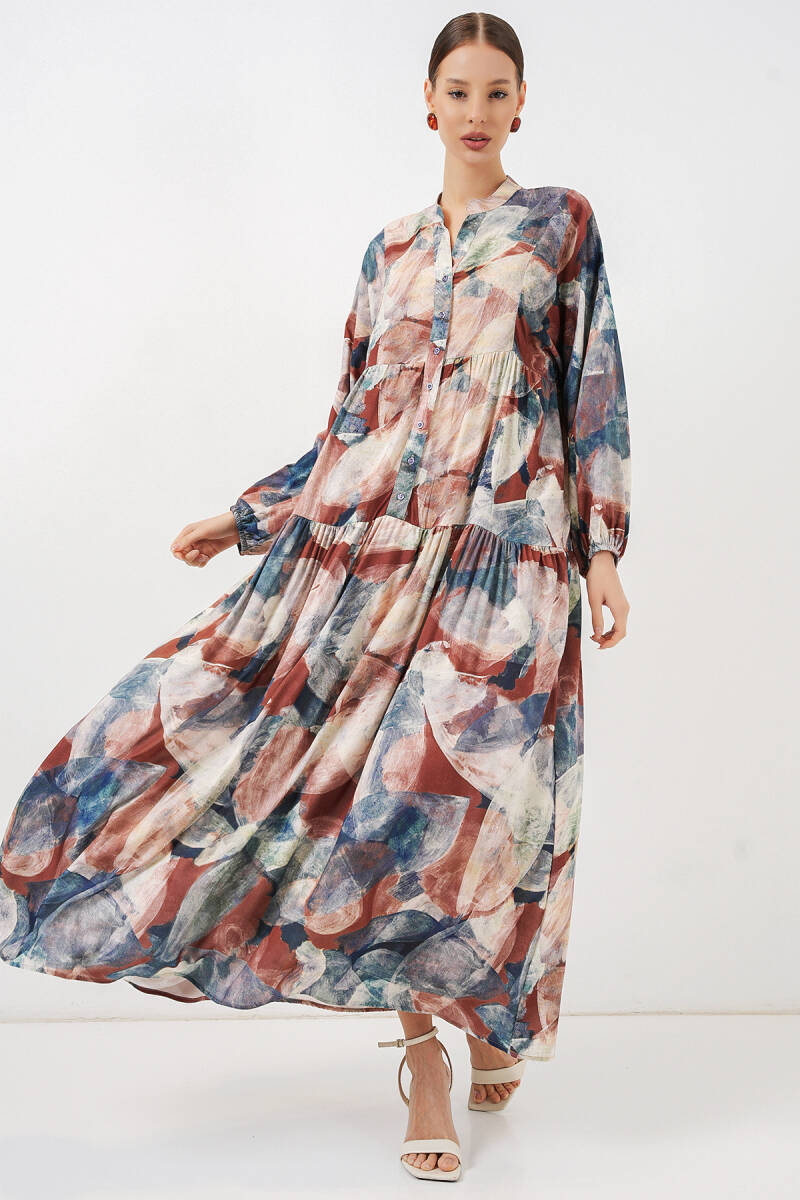 Kadın Desenli Uzun Tesettür Elbise 2585 - A. Kiremit - BİGDART