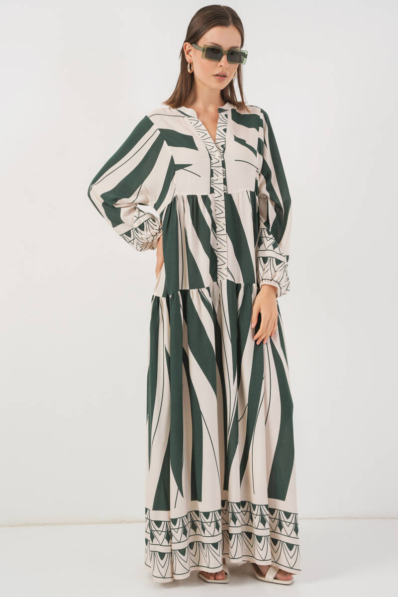 Kadın Desenli Uzun Tesettür Elbise 2585 - A. Zümrüt Yeşili - BİGDART