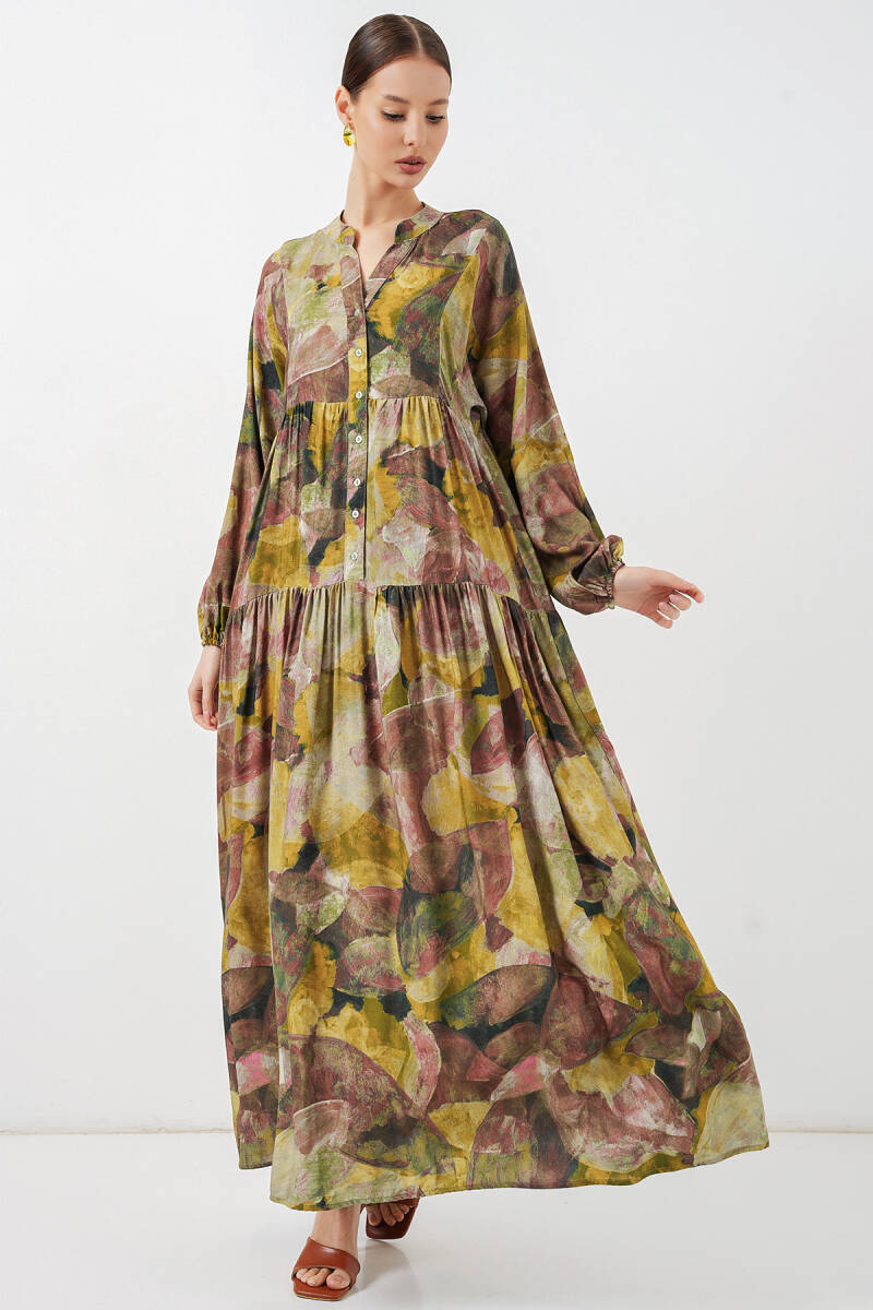 Kadın Desenli Uzun Tesettür Elbise 2585 - A.Yeşil - BİGDART