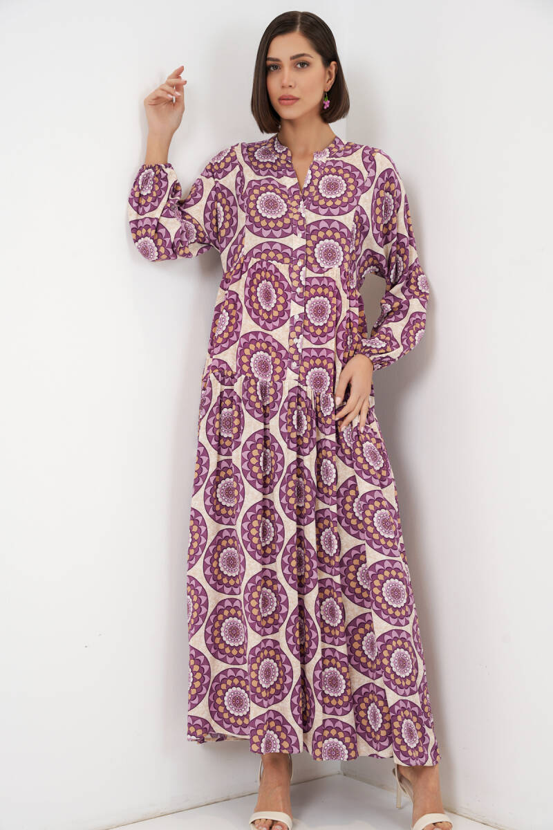 Kadın Desenli Uzun Tesettür Elbise 2585 - B.Lila - BİGDART
