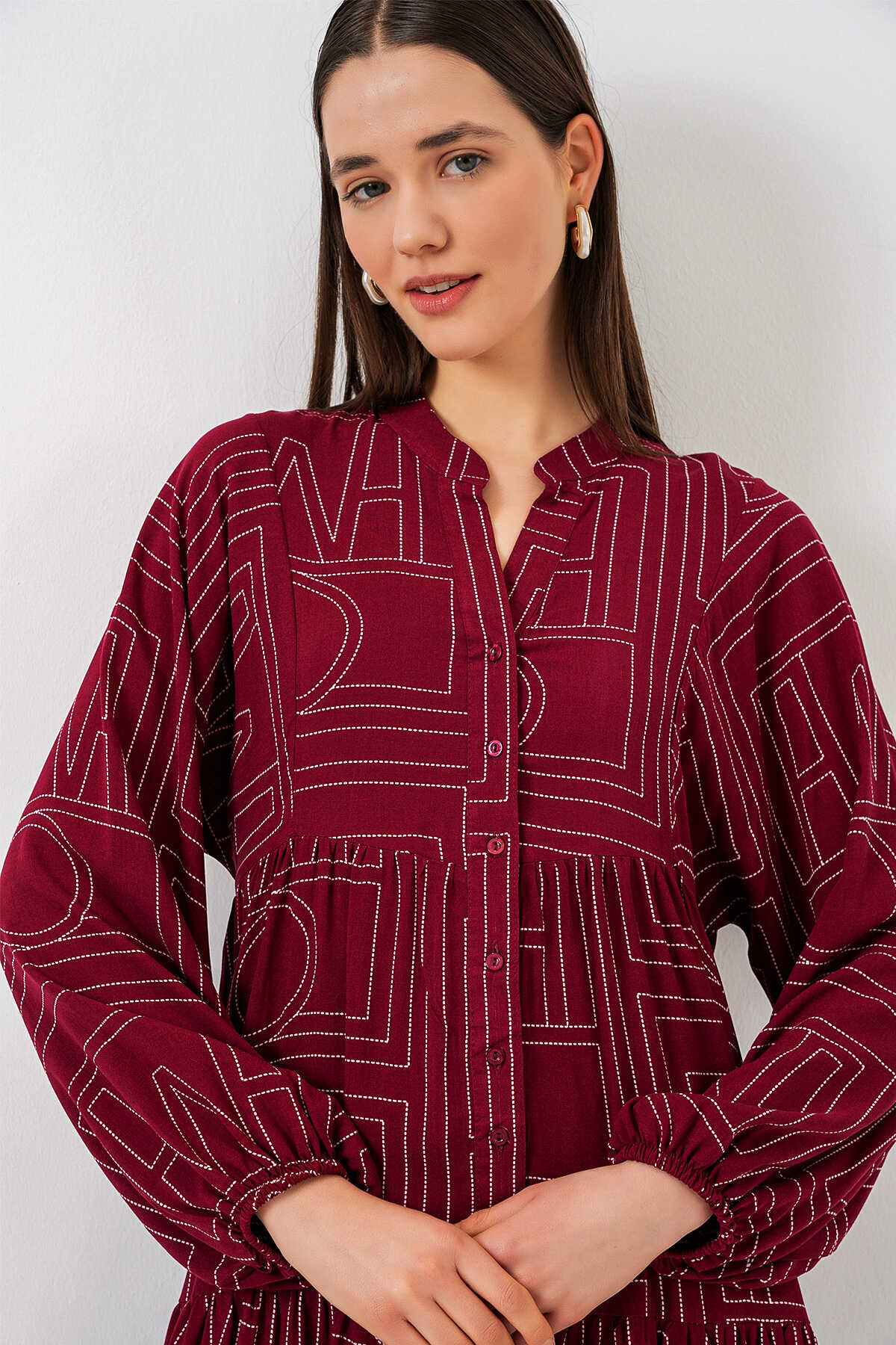Kadın Desenli Uzun Tesettür Elbise 2585 - B. Bordo - 4