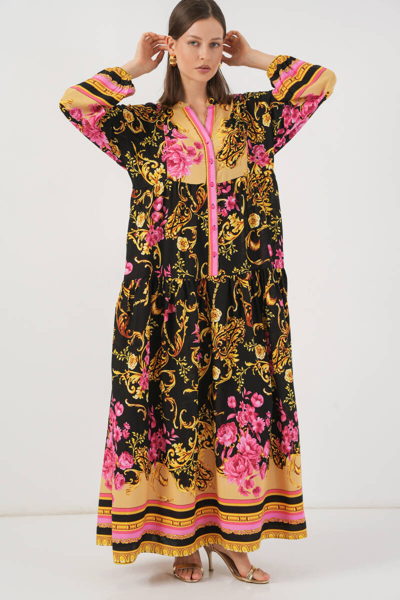 Kadın Desenli Uzun Tesettür Elbise 2585 - B.Sarı - BİGDART