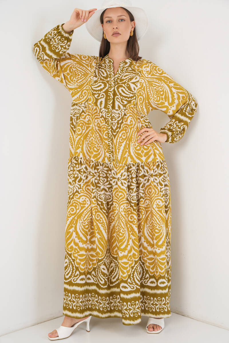 Kadın Desenli Uzun Tesettür Elbise 2585 - B. Hardal - BİGDART