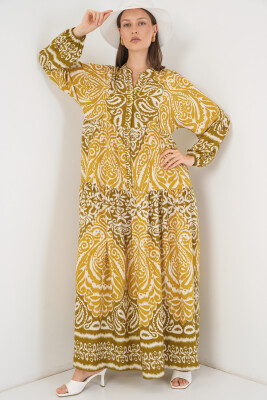 Kadın Desenli Uzun Tesettür Elbise 2585 - B. Hardal 