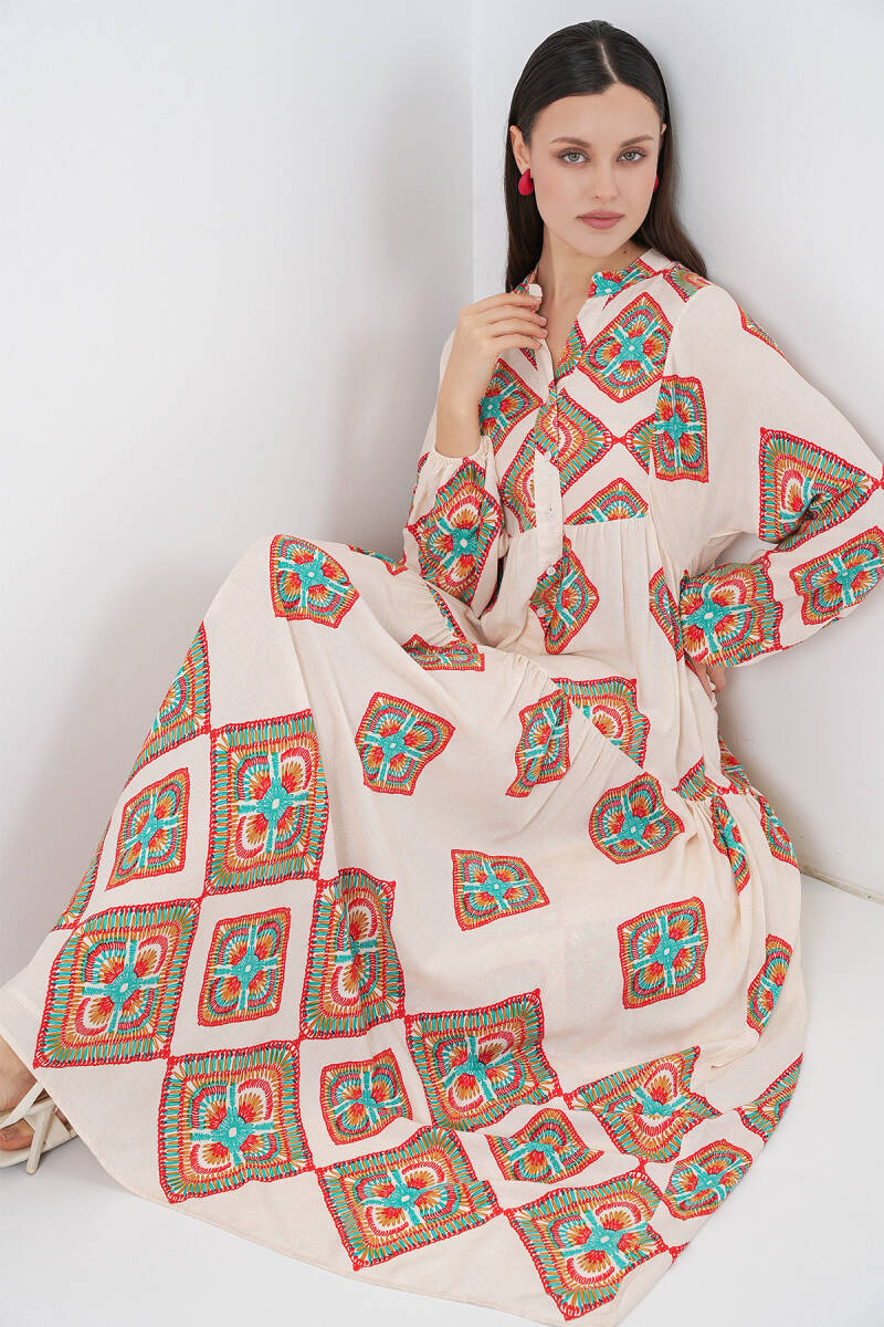 Kadın Desenli Uzun Tesettür Elbise 2585 - Bej - BİGDART