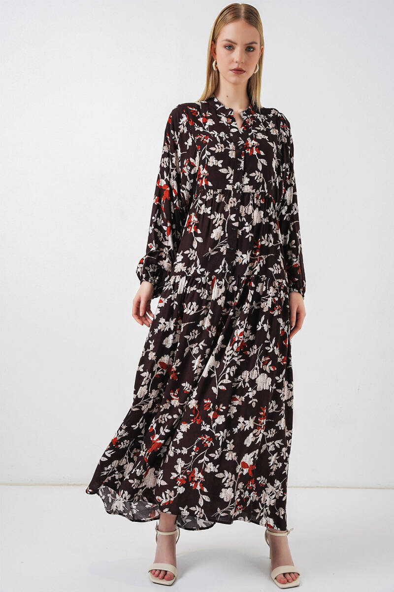 Kadın Desenli Uzun Tesettür Elbise 2585 - Beyaz - Kahve - BİGDART