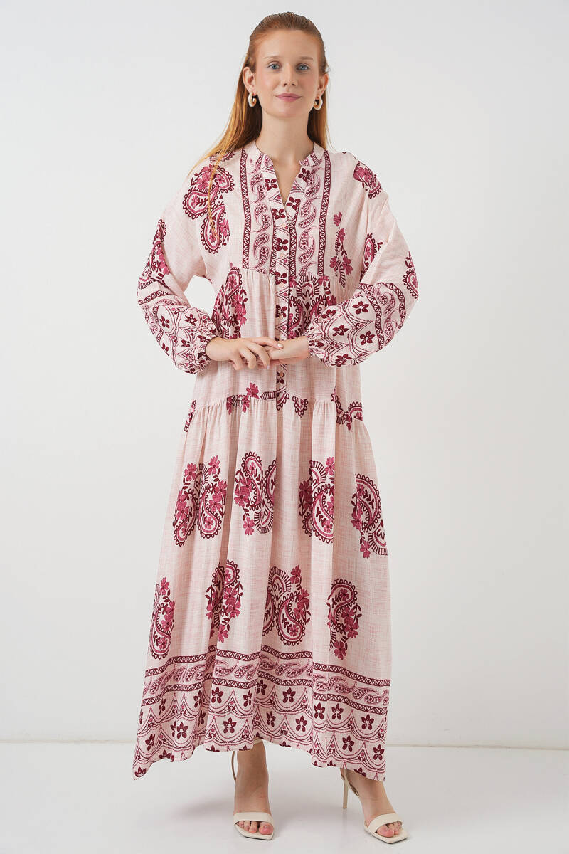 Kadın Desenli Uzun Tesettür Elbise 2585 - B.Kırmızı - BİGDART