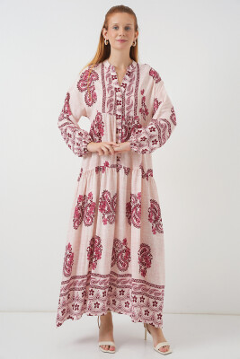 Kadın Desenli Uzun Tesettür Elbise 2585 - B.Kırmızı 