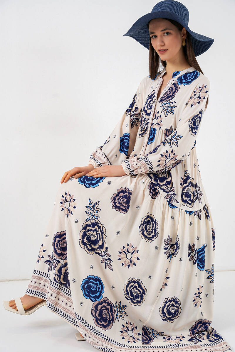 Kadın Desenli Uzun Tesettür Elbise 2585 - B.Lacivert - BİGDART