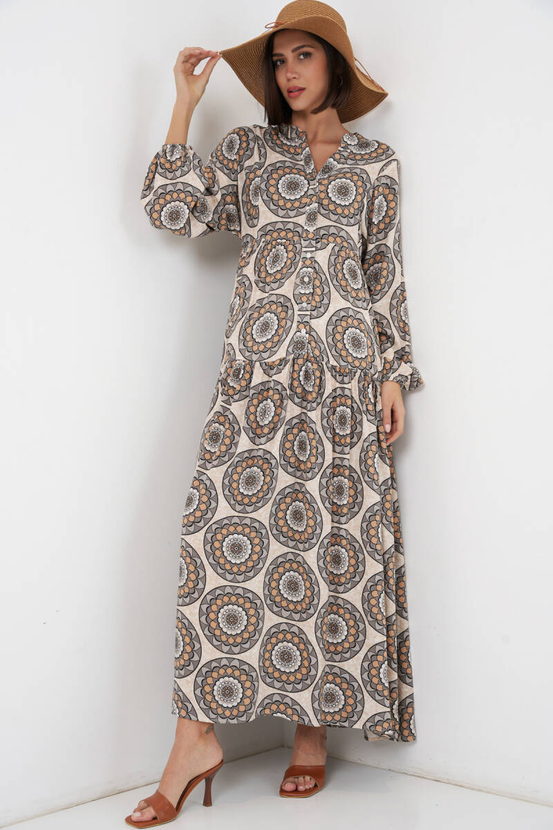 Kadın Desenli Uzun Tesettür Elbise 2585 - C. Bej - BİGDART