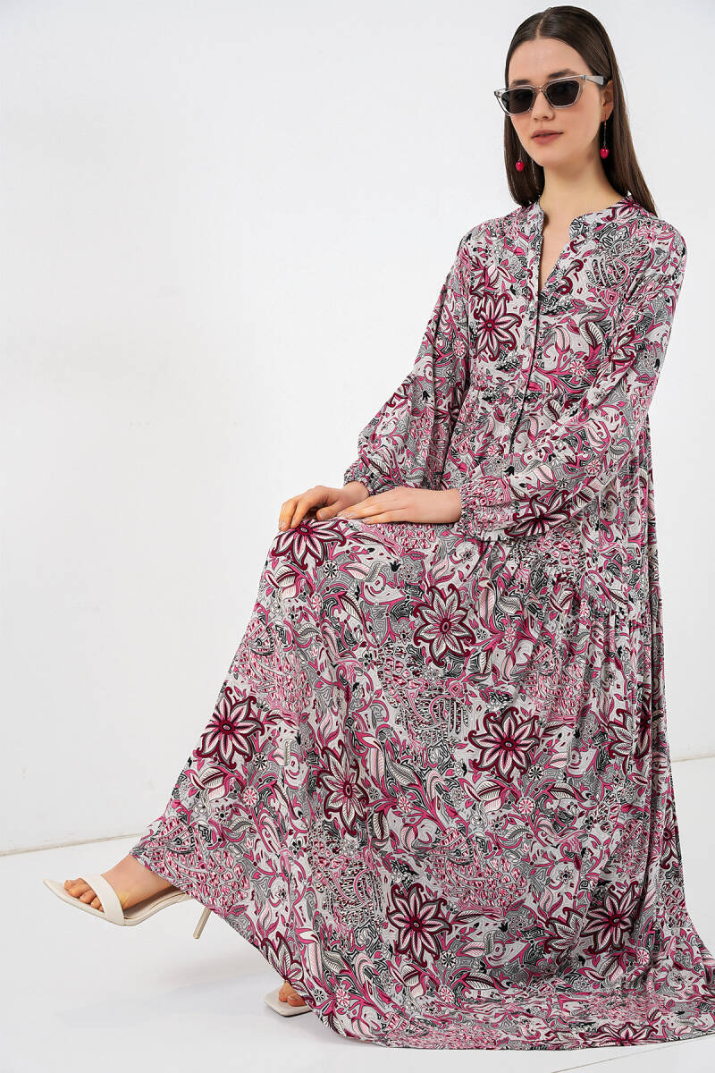 Kadın Desenli Uzun Tesettür Elbise 2585 - C.Gri - BİGDART