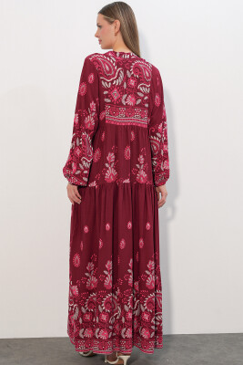 Kadın Desenli Uzun Tesettür Elbise 2585 - C. Bordo - 6