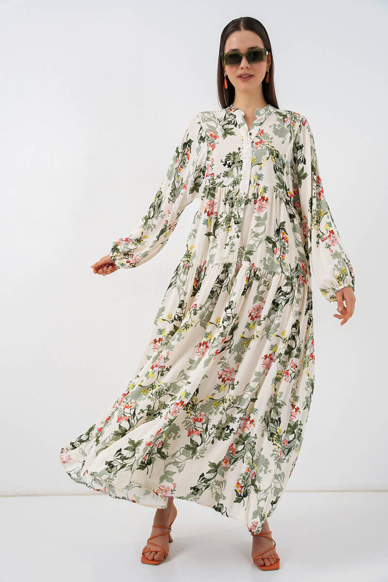 Kadın Desenli Uzun Tesettür Elbise 2585 - C. Çağla - BİGDART