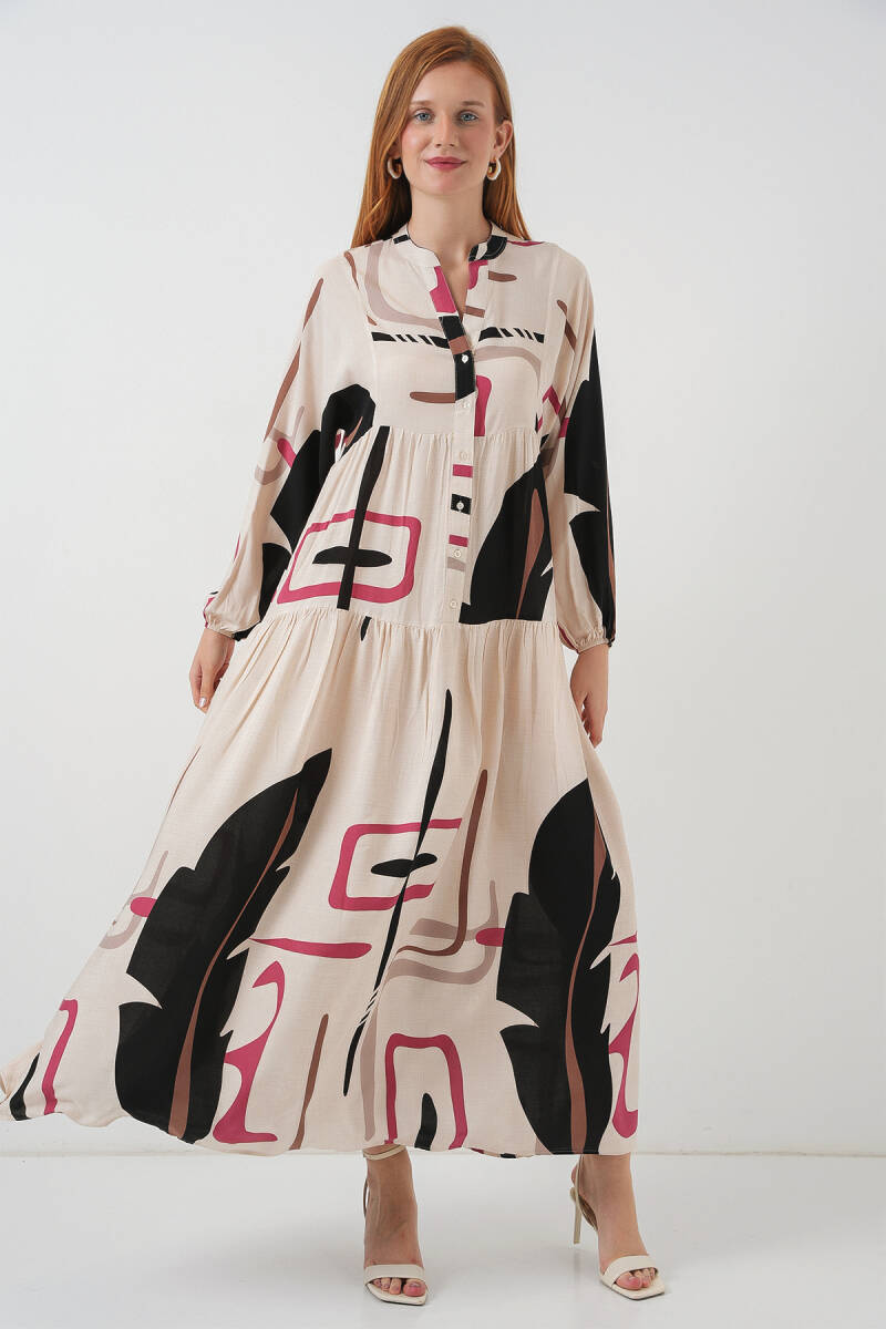 Kadın Desenli Uzun Tesettür Elbise 2585 - C.Krem - BİGDART