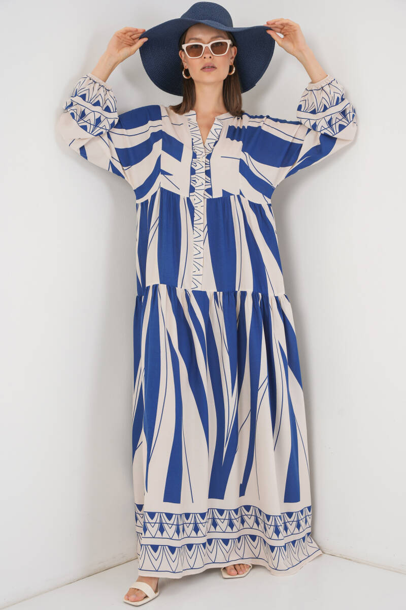 Kadın Desenli Uzun Tesettür Elbise 2585 - C. İndigo - BİGDART