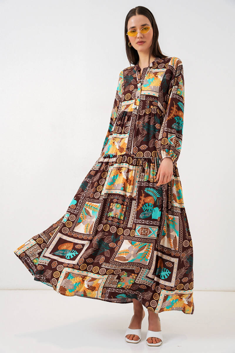 Kadın Desenli Uzun Tesettür Elbise 2585 - D.Kahve - BİGDART