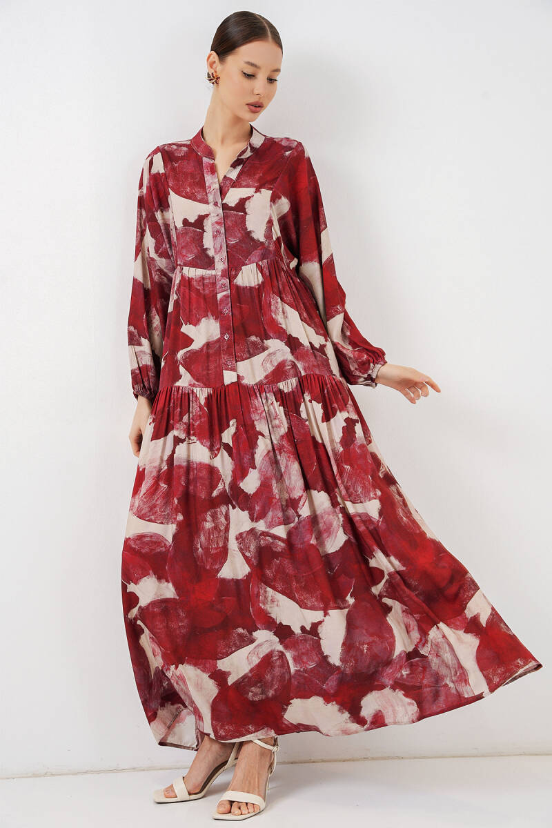 Kadın Desenli Uzun Tesettür Elbise 2585 - D. Bordo - BİGDART