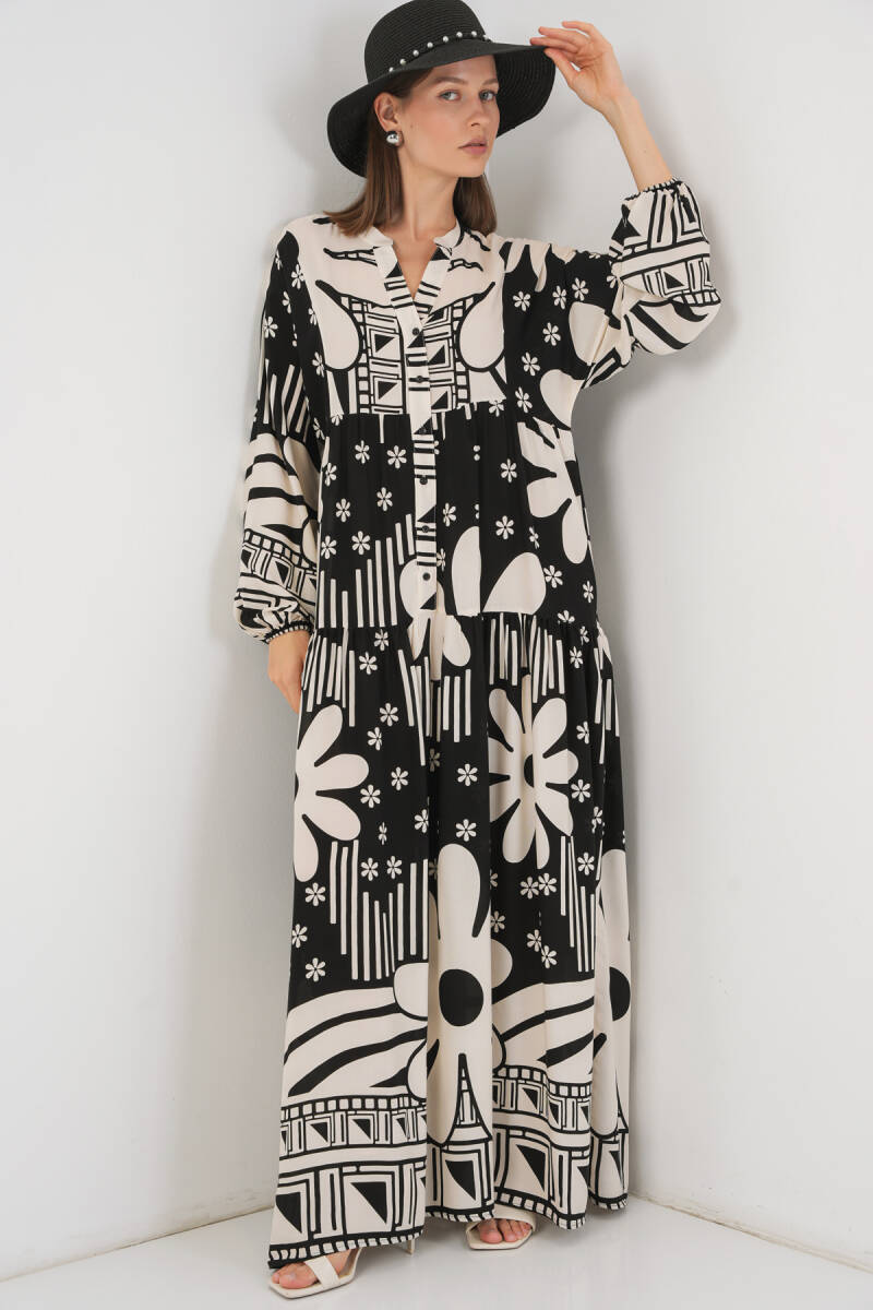 Kadın Desenli Uzun Tesettür Elbise 2585 - D. Siyah - BİGDART