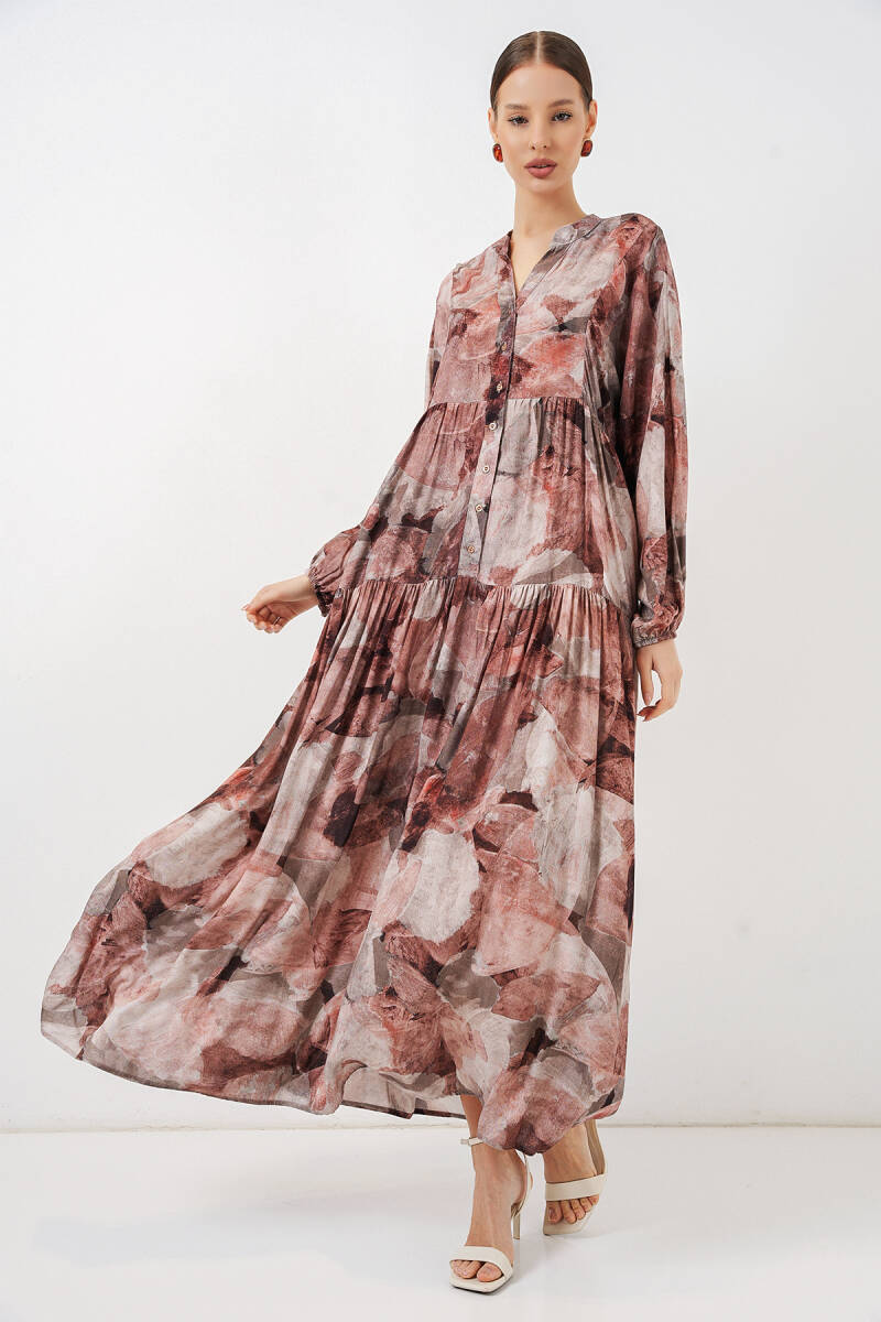 Kadın Desenli Uzun Tesettür Elbise 2585 - D.Gül Kurusu - BİGDART