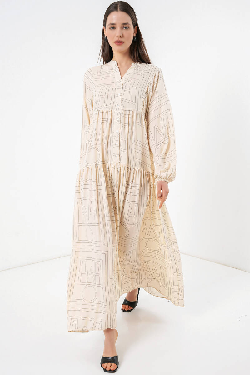 Kadın Desenli Uzun Tesettür Elbise 2585 - Düz Krem - BİGDART