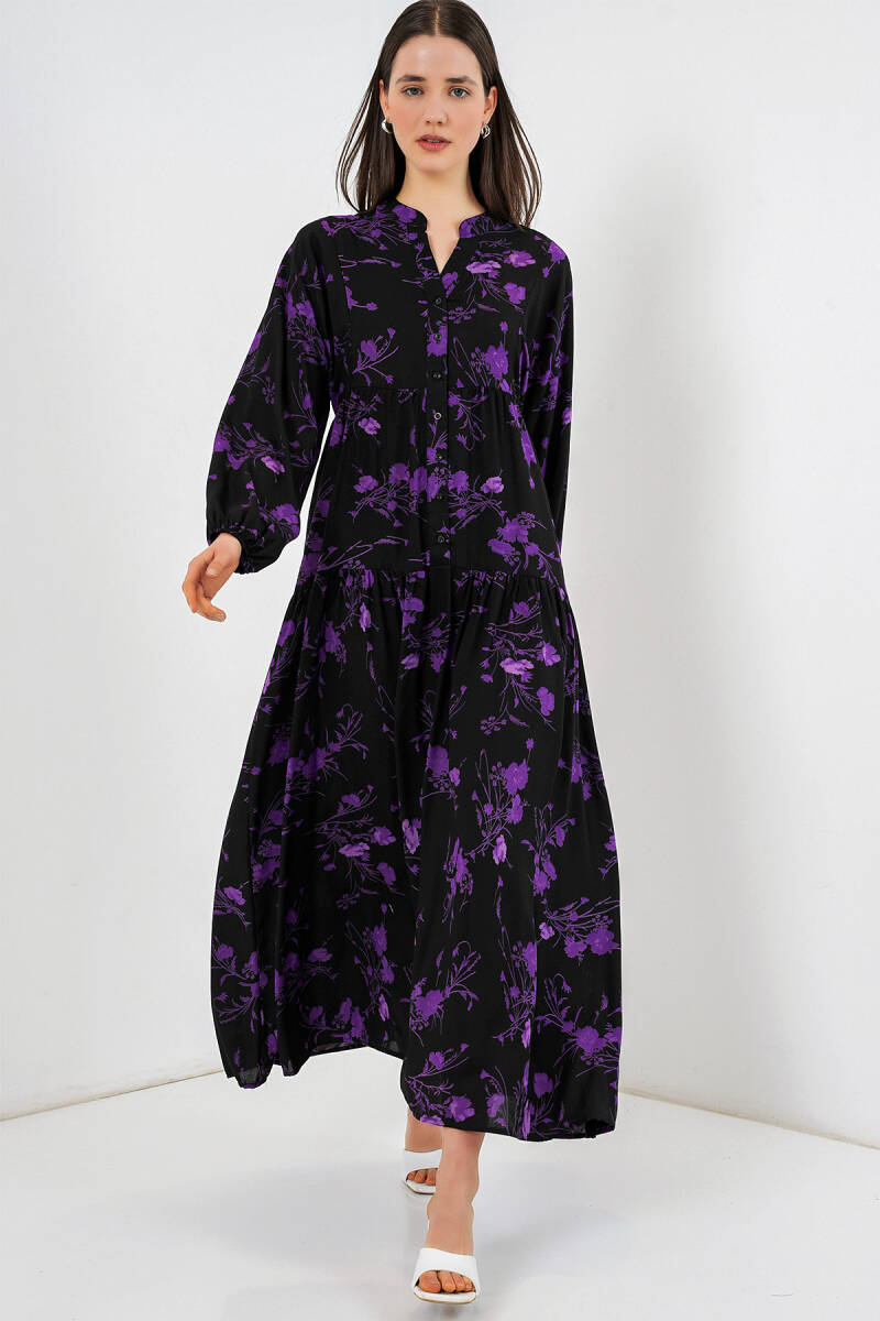 Kadın Desenli Uzun Tesettür Elbise 2585 - E.Siyah - BİGDART