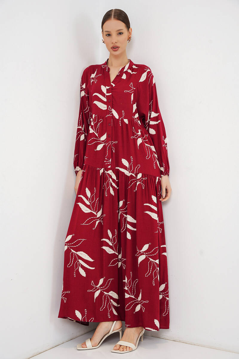 Kadın Desenli Uzun Tesettür Elbise 2585 - E. Bordo - BİGDART