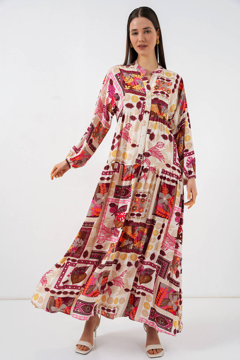 Kadın Desenli Uzun Tesettür Elbise 2585 - E. Turuncu - BİGDART