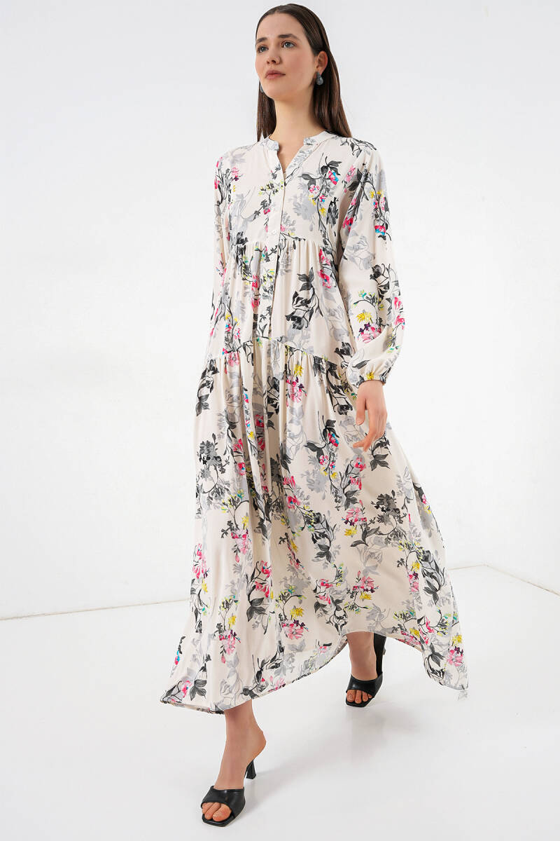 Kadın Desenli Uzun Tesettür Elbise 2585 - F.Gri - BİGDART